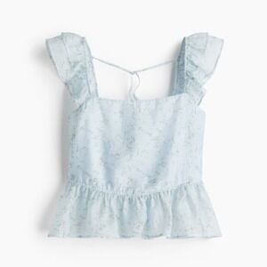H&M Divide Light Blue Floral Cottage Core Peplum Top Ruffle Sleeve Smocked Small